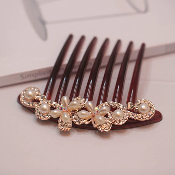 Wholesale Women's Acrylic Hair Accessories With Pearl And Rhinestone Leafshaped Electroplated Hair Comb And Hair Pin