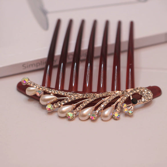 Wholesale Women's Acrylic Hair Accessories With Pearl And Rhinestone Leafshaped Electroplated Hair Comb And Hair Pin