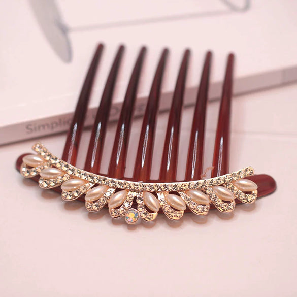 Wholesale Women's Acrylic Hair Accessories With Pearl And Rhinestone Leafshaped Electroplated Hair Comb And Hair Pin