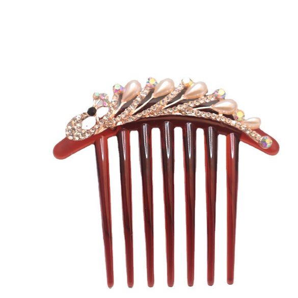 Wholesale Women's Acrylic Hair Accessories With Pearl And Rhinestone Leafshaped Electroplated Hair Comb And Hair Pin