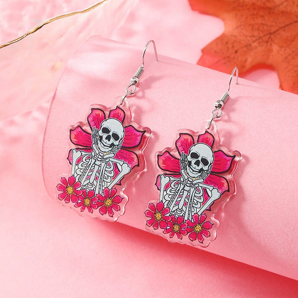 Wholesale Women's Acrylic Halloween Dark Funny Flower Walking Skull Pink Love Geometric Phone Earrings