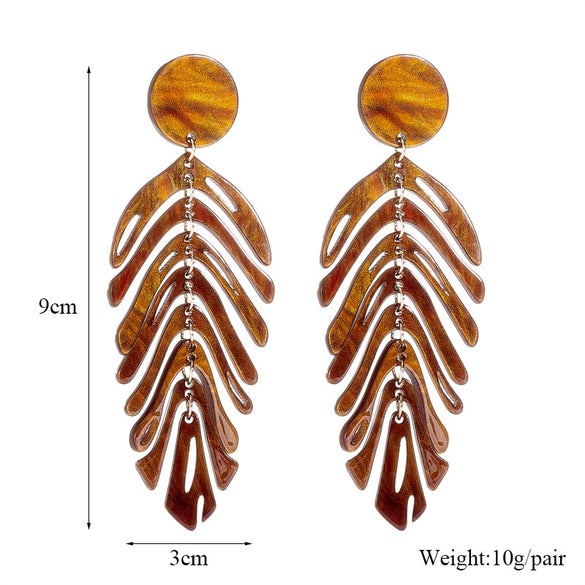 Wholesale Women's Acrylic Pendant Jewelry Earrings With Retro Simple Creative Design In Fish Bone Leaf Shape And Multi Color Electroplated