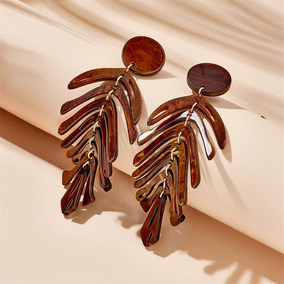 Wholesale Women's Acrylic Pendant Jewelry Earrings With Retro Simple Creative Design In Fish Bone Leaf Shape And Multi Color Electroplated