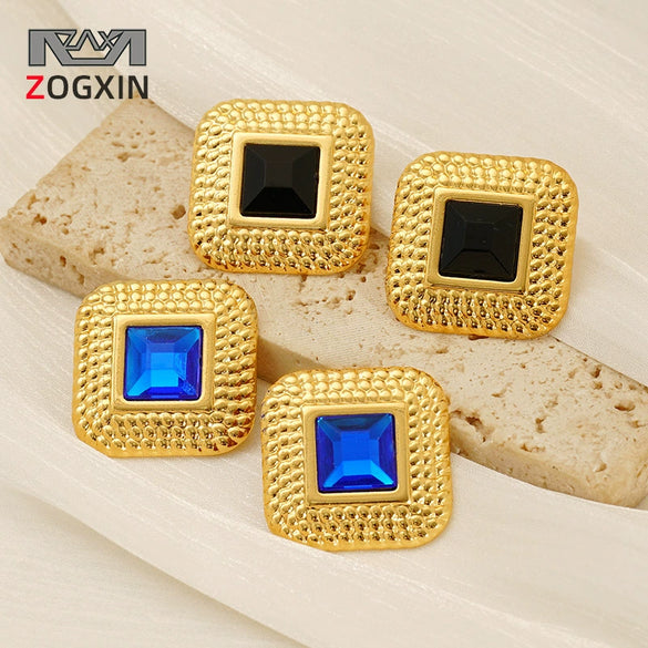 Wholesale Women's Acrylic Titanium Mesh Rhinestone Geometric Electroplated Square Gable Earrings