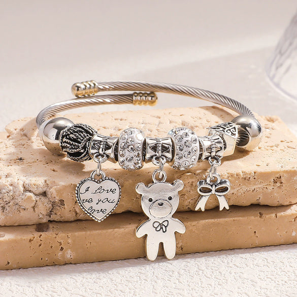 Wholesale Women's Adjustable Bracelet With Bear Heart Bow Design Alloy Electroplated Jewelry