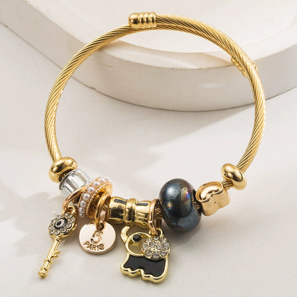 Wholesale Women's Adjustable Elephant And Zodiac Pattern Alloy Stainless Steel Bracelet With Diamond Encrusted