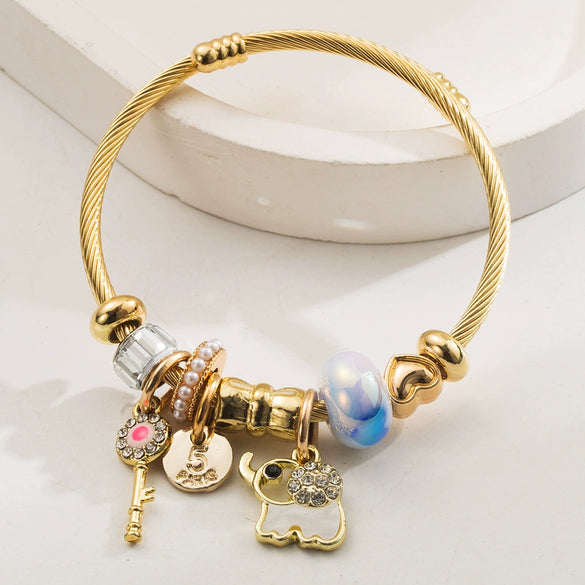 Wholesale Women's Adjustable Elephant And Zodiac Pattern Alloy Stainless Steel Bracelet With Diamond Encrusted