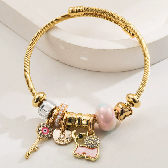 Wholesale Women's Adjustable Elephant And Zodiac Pattern Alloy Stainless Steel Bracelet With Diamond Encrusted