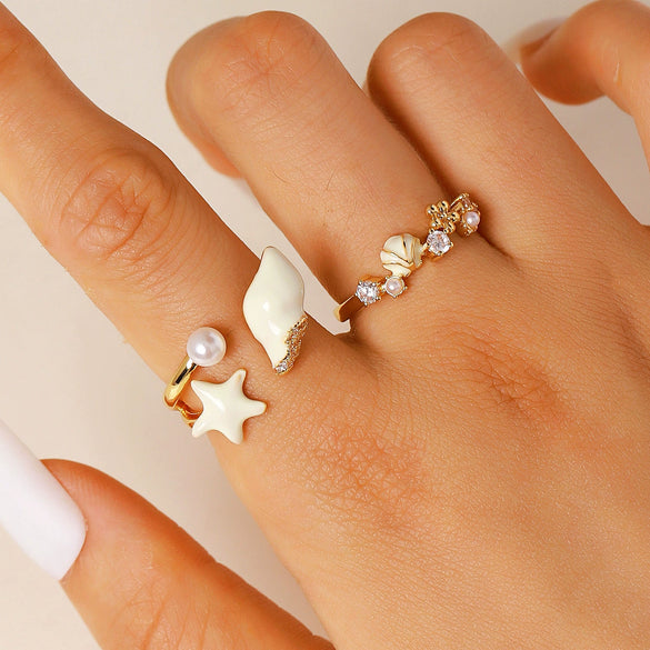 Wholesale Women's Adjustable Enamel Pearl Zircon Ring Set With Turtle Starfish And Shell Design Featuring Drip Glaze Process