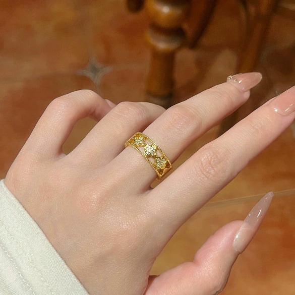 Wholesale Women's Adjustable Fashion Highend Electroplated Gold Inlaid With Zircon Copper Ring With Clover Heart Geometric Animal Zodiac Patterns