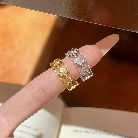 Wholesale Women's Adjustable Fashion Highend Electroplated Gold Inlaid With Zircon Copper Ring With Clover Heart Geometric Animal Zodiac Patterns