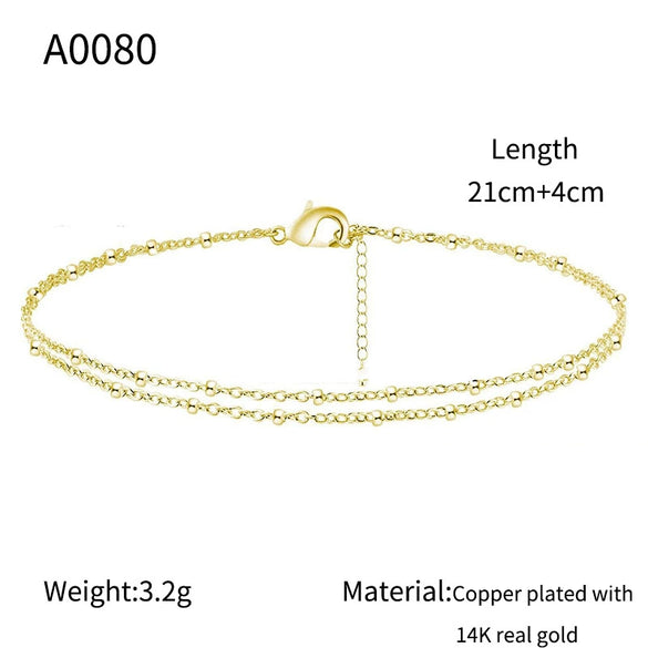 Wholesale Women's Adjustable Layered Ankle Chain Set Doublelayer Golden Square Dot Anklet Copper Material Geometric Pattern