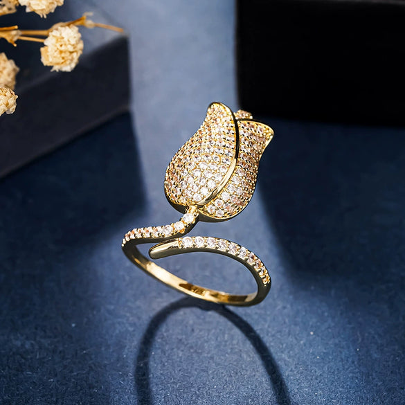 Wholesale Women's Adjustable Open Copper Ring With Geometric And Floral Patterns And Zircon Design In Fairy Style