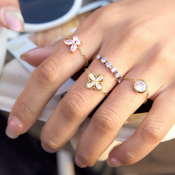 Wholesale Women's Adjustable Pullout Geometric Stainless Steel Ring With Vacuum Real Gold Plating