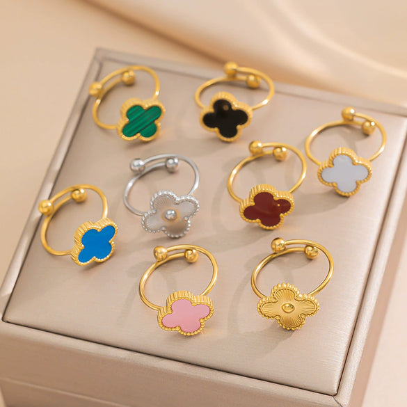Wholesale Women's Adjustable Titanium Steel Fourleaf Clover Ring With Electroplating Process