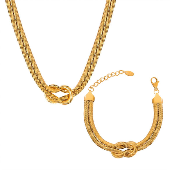 Wholesale Women's Allmatch Snake Bone Chain Jewelry Suit With Weaving Knot Design Goldplated Titanium Steel