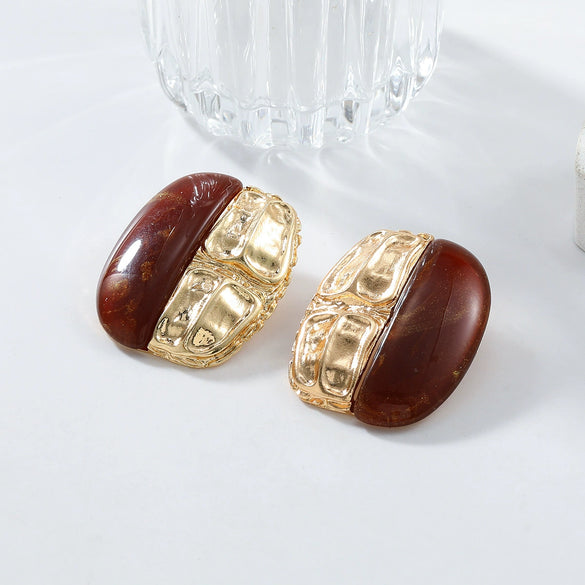 Wholesale Women's Alloy And Resin Inlaid Metal Earrings With Geometric Style And Electroplating Treatment