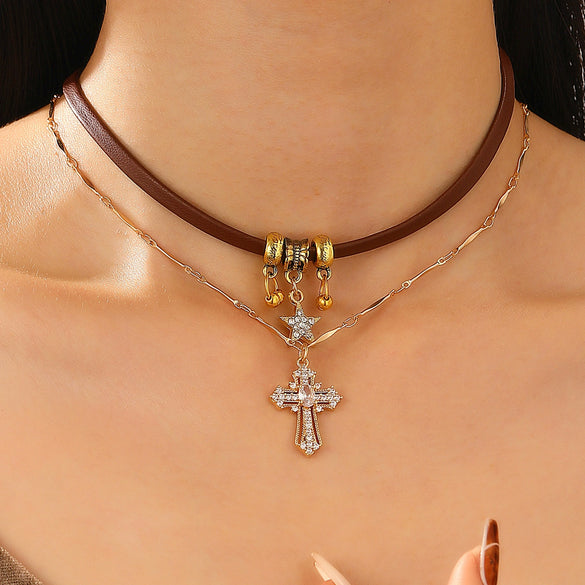 Wholesale Women's Alloy And Tiger Eye Stone Geometric Style Electroplated Regular Chain Necklace