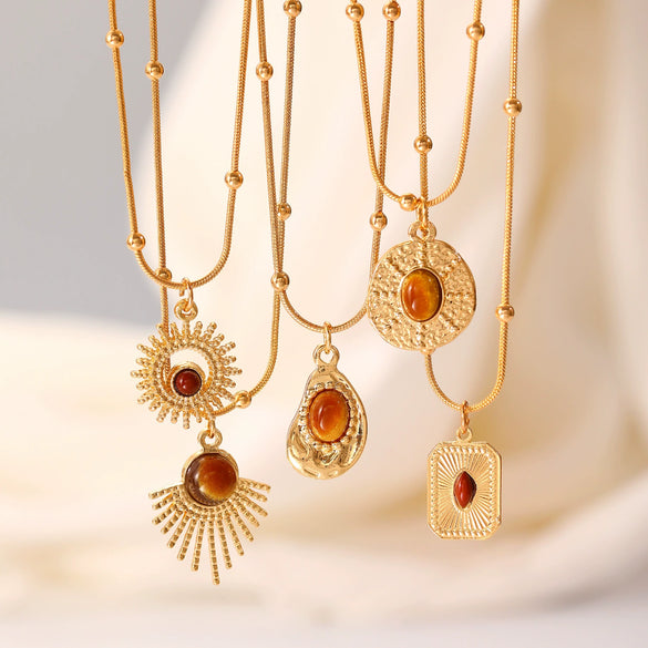 Wholesale Women's Alloy And Tiger Eye Stone Geometric Style Electroplated Regular Chain Necklace
