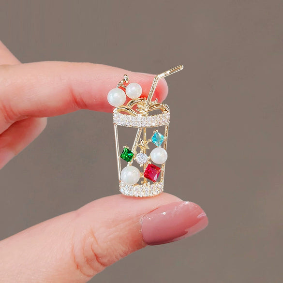 Wholesale Women's Alloy Antilight Creative Milk Tea Cup Brooch With Electroplating