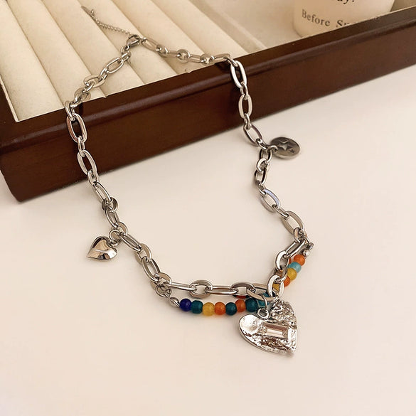 Wholesale Women's Alloy Beaded Clavicle Necklace With Flower And Heart Patterns Electroplated In Fresh Style