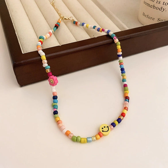 Wholesale Women's Alloy Beaded Clavicle Necklace With Flower And Heart Patterns Electroplated In Fresh Style
