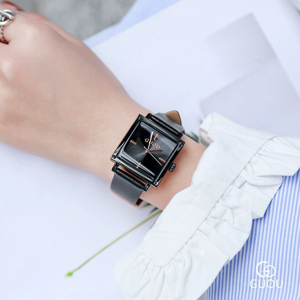Wholesale Women's Alloy Case Genuine Leather Strap Rectangle Dial Retro Fashion Waterproof Quartz Watch With Rose Gold Clasp