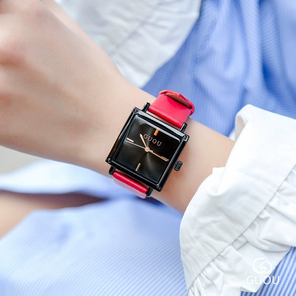 Wholesale Women's Alloy Case Genuine Leather Strap Rectangle Dial Retro Fashion Waterproof Quartz Watch With Rose Gold Clasp