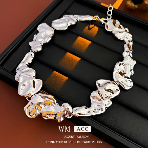 Wholesale Women's Alloy Clavicle Chain Necklace With Irregular Fold Metal Stitching And Geometric Pattern Electroplated
