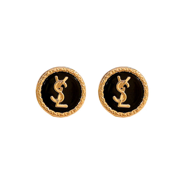 Wholesale Women's Alloy Earrings With Black Round Shape And Letter Pattern Electroplated Highend Style