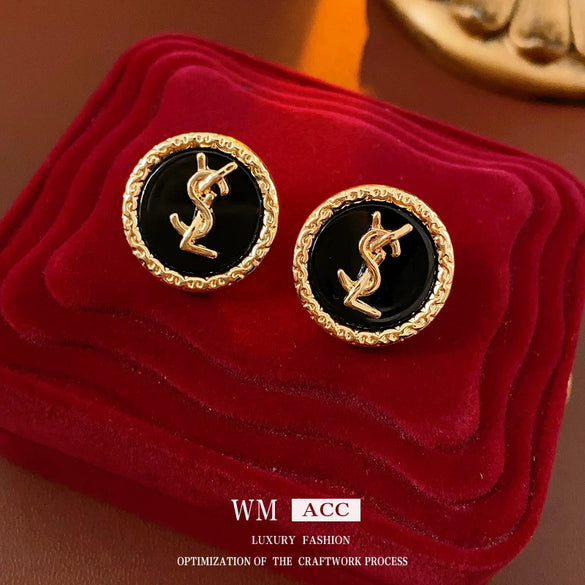 Wholesale Women's Alloy Earrings With Black Round Shape And Letter Pattern Electroplated Highend Style