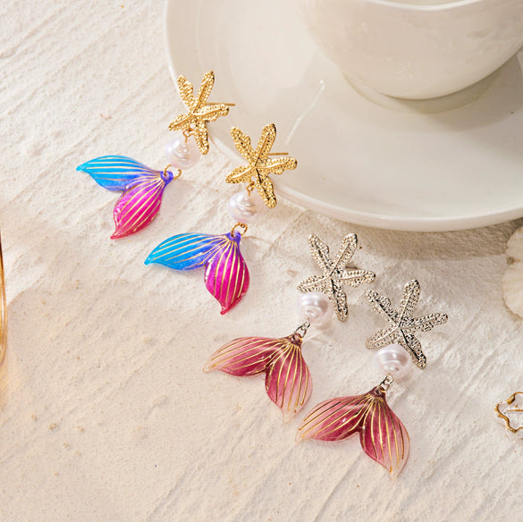 Wholesale Women's Alloy Electroplated Animal And Geometric Pattern Starfish And Fish Tail Earrings