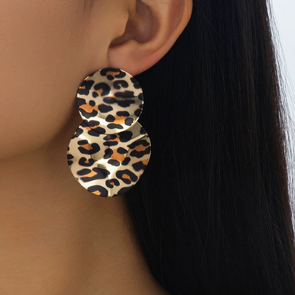 Wholesale Women's Alloy Electroplated Geometric Leopard Print Pleated Earrings