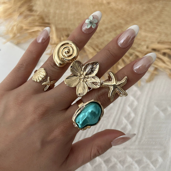 Wholesale Women's Alloy Electroplated Geometric Ring Set With Flower Starfish Conch And Line Patterns