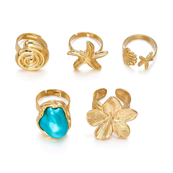 Wholesale Women's Alloy Electroplated Geometric Ring Set With Flower Starfish Conch And Line Patterns