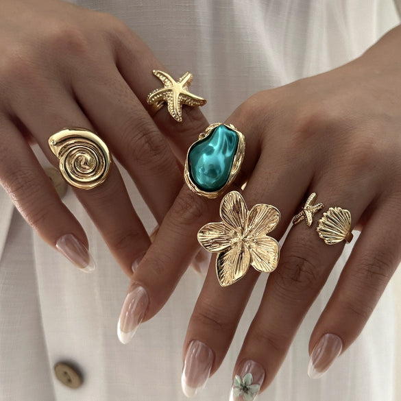 Wholesale Women's Alloy Electroplated Geometric Ring Set With Flower Starfish Conch And Line Patterns