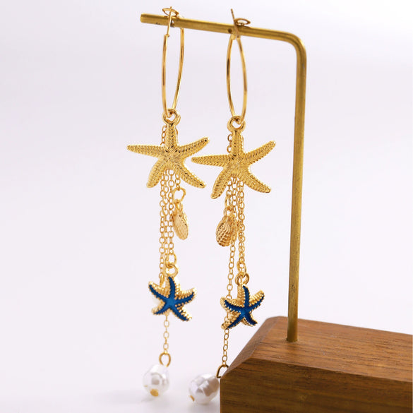 Wholesale Women's Alloy Electroplated Starfish Animal Zodiac Star Pattern Earrings With Faux Pearl Tassels