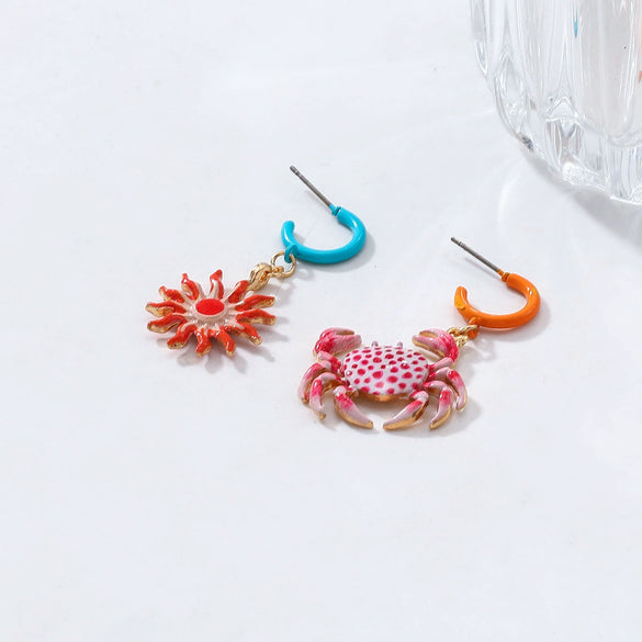 Wholesale Women's Alloy Geometric Animal Zodiac Dripping Oil Crab Sunflower Pendant Earrings