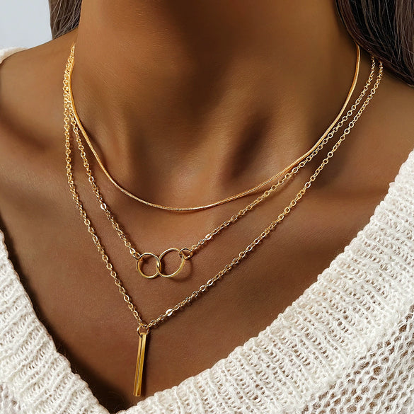 Wholesale Women's Alloy Geometric Ball Chain Multilayered Clavicle Necklace With Solid Bar Pendant Electroplated