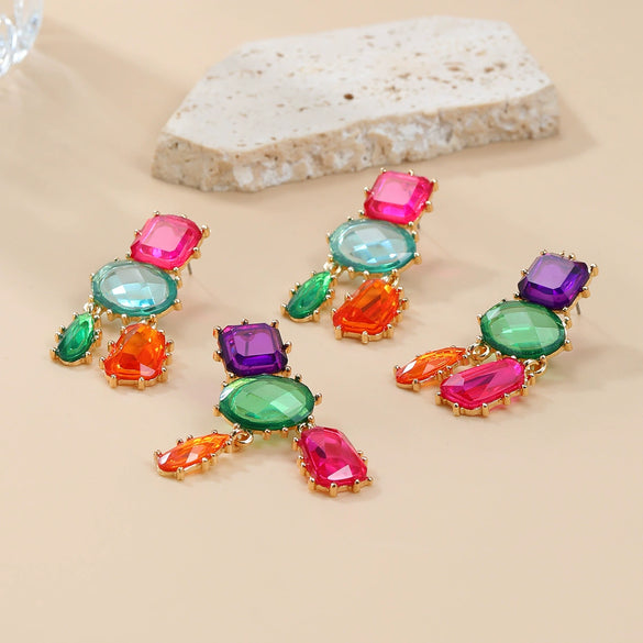 Wholesale Women's Alloy Geometric Colored Diamond Earrings With Electroplating