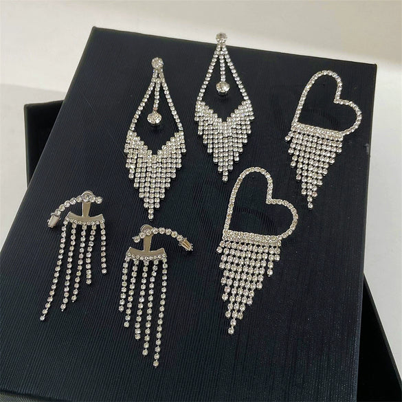 Wholesale Women's Alloy Geometric Electroplated Exaggerated Chain Tassel Rhinestone Earrings