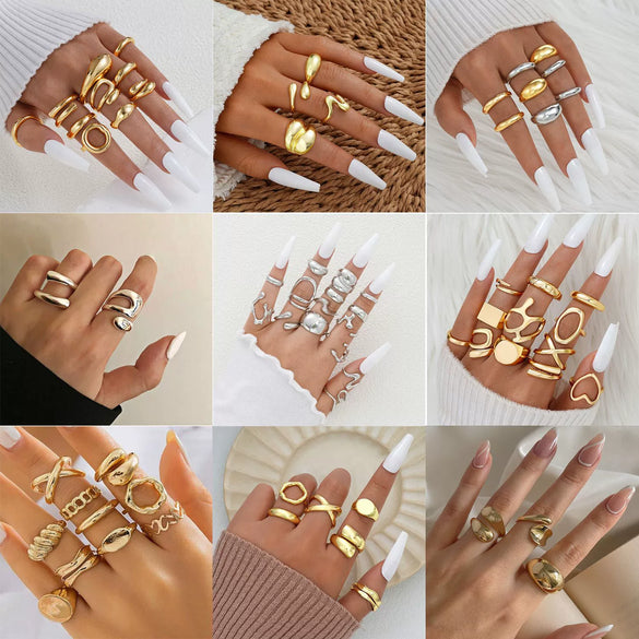 Wholesale Women's Alloy Geometric Exaggerated Electroplated Irregular Water Drop Ring Set