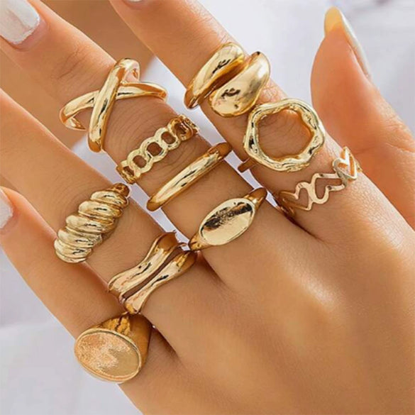Wholesale Women's Alloy Geometric Exaggerated Electroplated Irregular Water Drop Ring Set