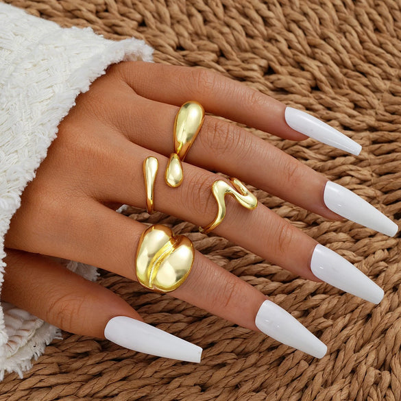 Wholesale Women's Alloy Geometric Exaggerated Electroplated Irregular Water Drop Ring Set