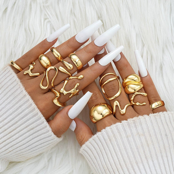 Wholesale Women's Alloy Geometric Exaggerated Electroplated Irregular Water Drop Ring Set