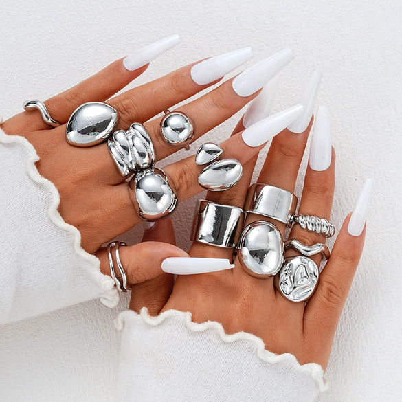 Wholesale Women's Alloy Geometric Exaggerated Electroplated Irregular Water Drop Ring Set