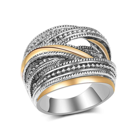 Wholesale Women's Alloy Geometric Lines Interwoven Winding Two Color Ring Jewelry