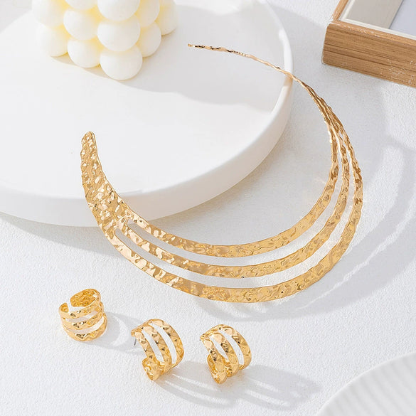 Wholesale Women's Alloy Geometric Plants Flowers Electroplated Hollow Multilayer Choker Ring And Earring Set Fashion Jewelry Accessories