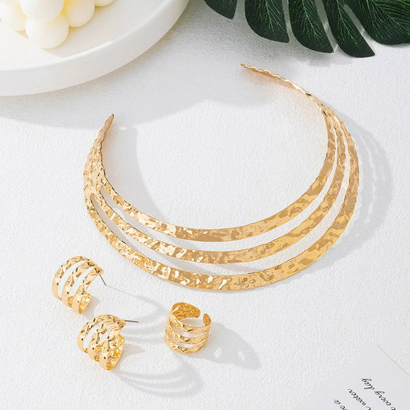 Wholesale Women's Alloy Geometric Plants Flowers Electroplated Hollow Multilayer Choker Ring And Earring Set Fashion Jewelry Accessories
