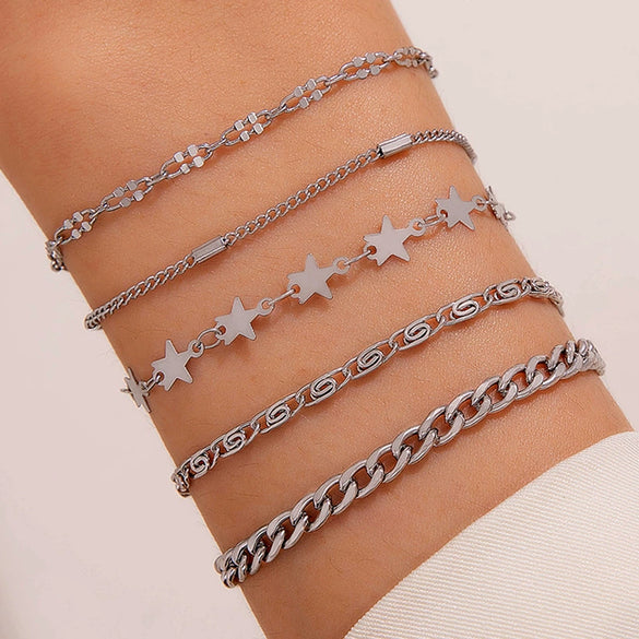 Wholesale Women's Alloy Geometric Star Chain Five Layer Electroplated Simple Back Word Bracelet Set
